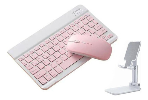 Kit Teclado Y Ratón Bluetooth+soporte Rosa For Tablet