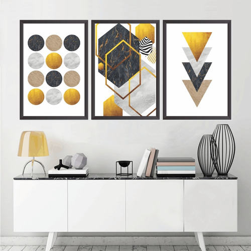 Quadro Decorativo 135x64cm Abstrato Geométrico Gold Moderno