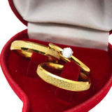 Par Aliança Casamento Dourada Fina 4mm C/brilho+anel Noivado