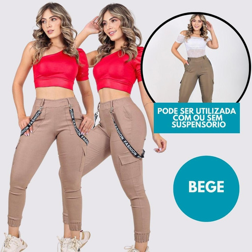 Calça Jogger Cargo Feminina Com Suspensório Removível