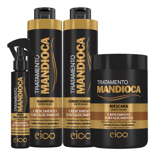 Eico Tratamento Mandioca Shampoo Sem Sal E Condicionador 1550ml + Máscara Creme Hidratação 1kg + Spray Leave-in Finalizador Protetor Térmico 120ml