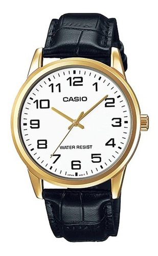 Reloj Casio Mtp-v001gl-7budf Cuero Hombre 100% Original Correa Negro Bisel Dorado Fondo Blanco