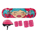 Skate Infantil Feminino Estampa Menina + Kit Proteção Mor 