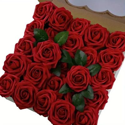 25 Rosas Artificiales Color Vino Tinto Para Decoración