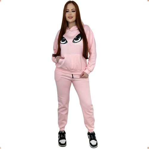 Conjunto Moletom Flanelado Feminino Gatinha Capuz E Canguru