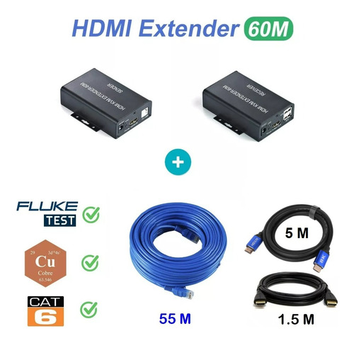 Kit Extensor Hdmi Ethernet Rj45 Kvm Usb 60m Con Cables...