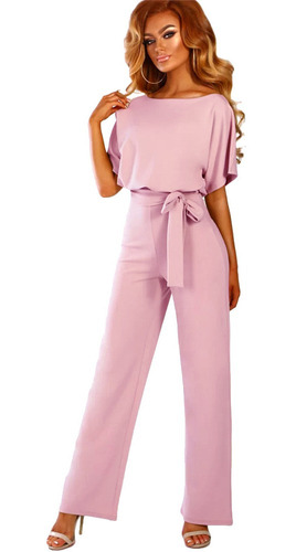 Palazzo Largo Elegante Jumpsuit Color Sólido Manga Corta