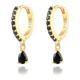 Aretes De Plata 925 Oro 18k Huggies Zirconias Negras Mujer