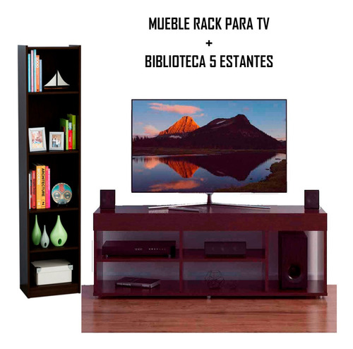 Combo Mueble Mesa Rack Tv + Biblioteca Melamina Wengue Usado