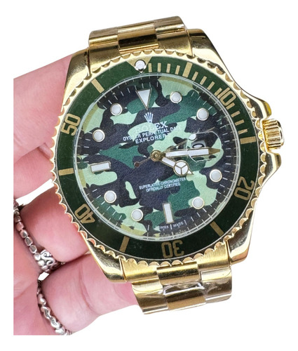 Relogio Masculino Rolex Submariner Militar Dourado Com Verde
