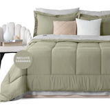 Set 7 Pzas. Edredón Queen Size +fundas De Almohada + Juego De Sabanas Real Textil Verde-gris