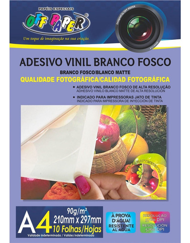 Kit Adesivo Vinil Branco Fosco 90g A4 Off Paper 50 Fls