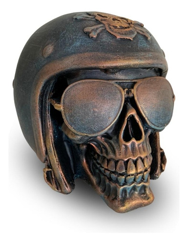 Enfeite Caveira Motociclista Escultura Crânio Bronze Fosco