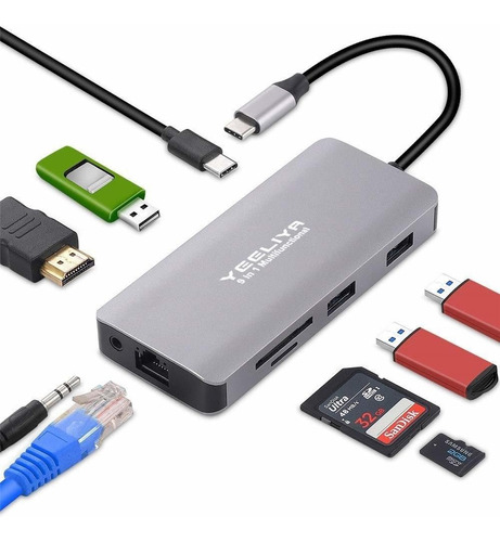 Adaptador Multipuerto Usb C Hub 9 En 1 Con Ethernet, Hdmi 4k