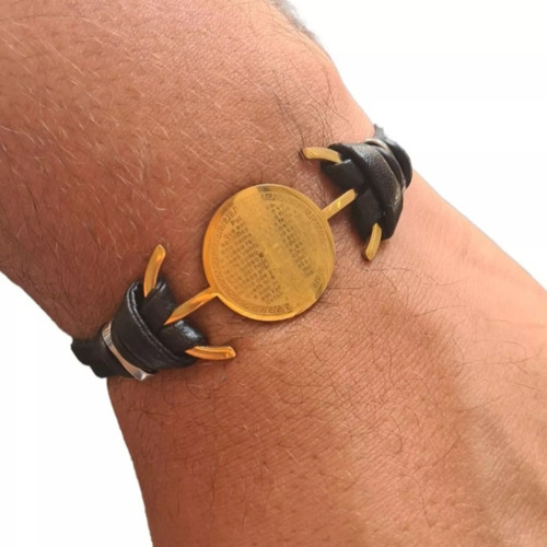 Bracelete Masculino Couro E Aço Oração Pai Nosso Dourado