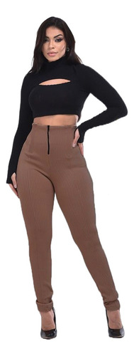 Calça Canelada Feminina 3d Zíper Legging Cintura Alta Veludo