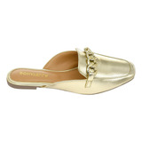 Sapato Mule Feminino Bico Quadrado Corrente Metalizado Flat