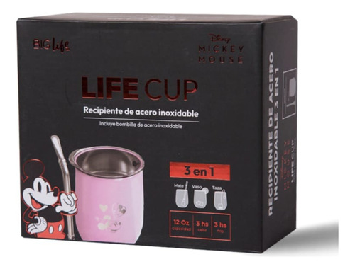 Mate Acero Inox 3 Mickey Mouse  + Bombilla En 1 Life Cup 