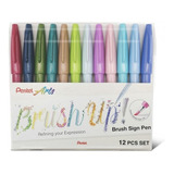 Estojo Caneta Pentel Brush Sign Pen Touch C/ 12 Cores Pastel