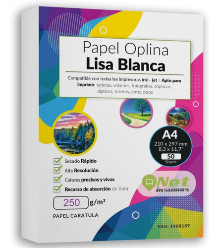 Resma Opalina Lisa Blanca 250gr A4 Pack 50 Hojas
