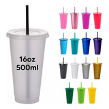 10 Vasos Reusables Con Tapa Y Popote De 16oz - Vasos Fiesta