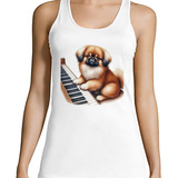 Musculosa Mujer Perro Pequines Tocando El Piano Dibujo M2