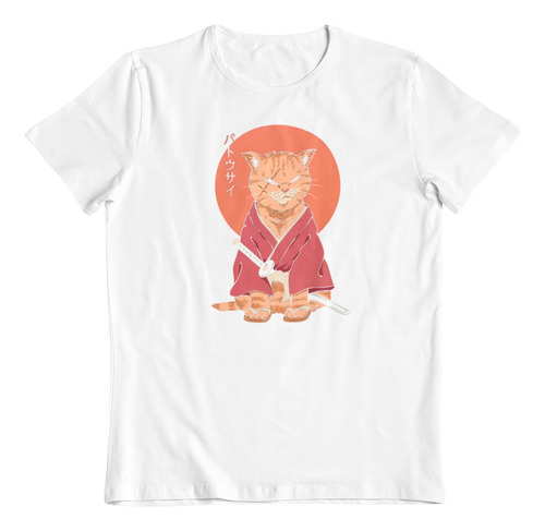 Polera Blanca Dtf Algodon Gato Samurai Ninja Cat Ilustracion