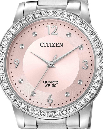 Reloj Citizen Dama Rosa Cristales El3090-81x Color Del Bisel Plateado Color Del Fondo Plateado