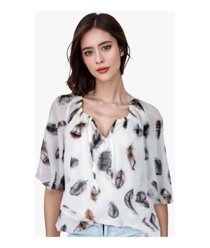 Blusa Moda Casual Elegante Mujer Suelto Estampado De Plumas 