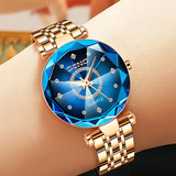 Reloj Impermeable Poligonal Con Esfera Diamante Para Mujer Color Del Fondo Azul Color De La Correa Oro Rosa Color Del Bisel Oro Rosa