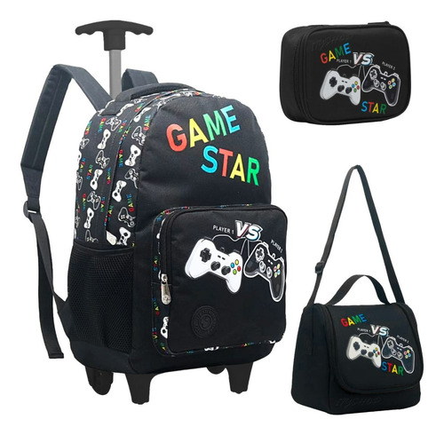 Kit Mochila Rodinha Grande Infantil Juvenil Game Star Menino