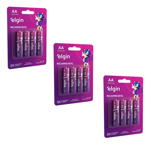 Kit 3 Cartelas Pilha Recarregavel Aa 2500mah C/4 Elgin 82173