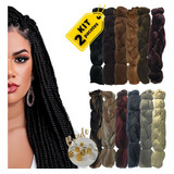 Kit Com 2 Jumbos  Box Braids Ser Mulher + Anéis Para Tranças Cor 1 Preto Intenso