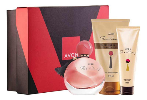 Kit Avon Presente Perfume Far Away Original Rosa + Loção + Esfoliante + Caixa Adocicado Feminino Alta Fixação  