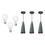 Kit 3 Pendente Cone Alumínio Mesa Balcão Ilha Cozinha + Led