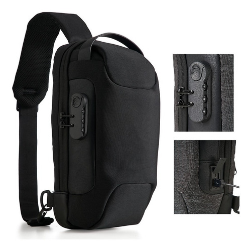 Bolsa Mochila Pochete Diagonal Transversal Ombro Masculina Cor Preto Desenho Do Tecido Nylon  Couro Sintético