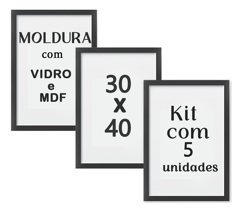 Kit 5 Moldura Quadros 40x30 Com Vidro Moldura Laqueada