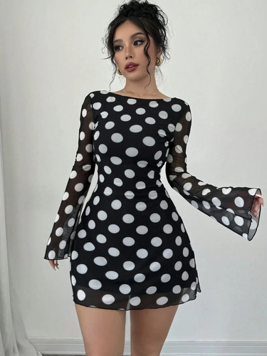 Vestido Corto Espalda Descubierta Manga Larga Lunares Casual | MercadoLibre