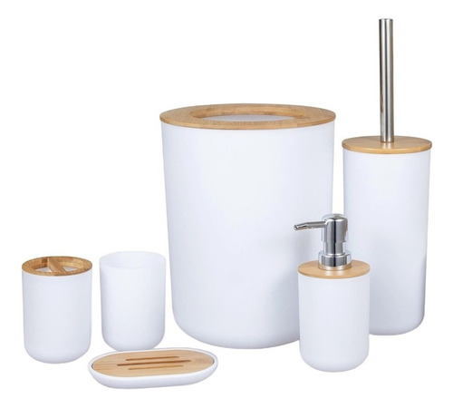 Kit De Banheiro 6 Peças Lixeira Com Tampa - Moderno C/ Bambu Cor Branco