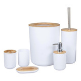 Kit De Banheiro 6 Peças Lixeira Com Tampa - Moderno C/ Bambu Cor Branco