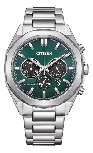 Reloj Citizen Ca459081x Hombre Eco Drive Cronógrafo Malla Plateado Bisel Plateado Fondo Verde