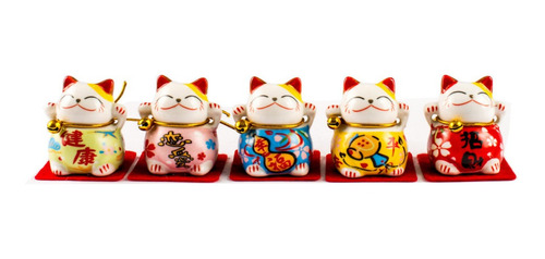 Kit Gato Da Sorte Oriental Maneki Neko Cerâmica  - 5 Cores