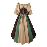 Vestido De Mujer Medieval Gótico Patchwork Encaje Cuello Cor