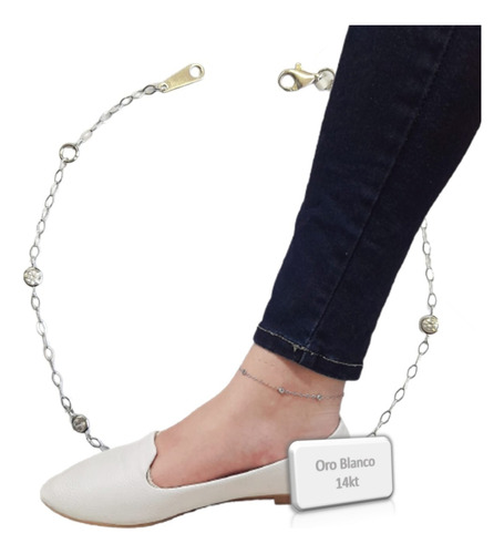 Pulsera  Para Mujer Tobillera De 14kt Oro Blanco Circonias