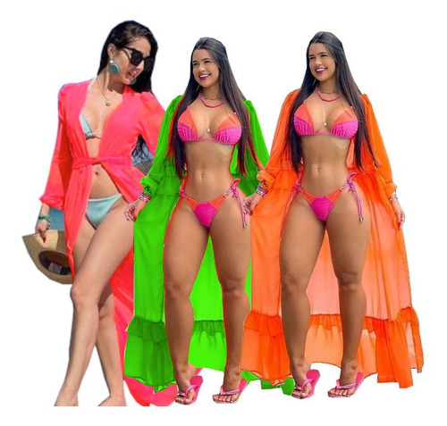 Saida De Praia Kit C/3 Manga Longa Vestido Verão Longa 