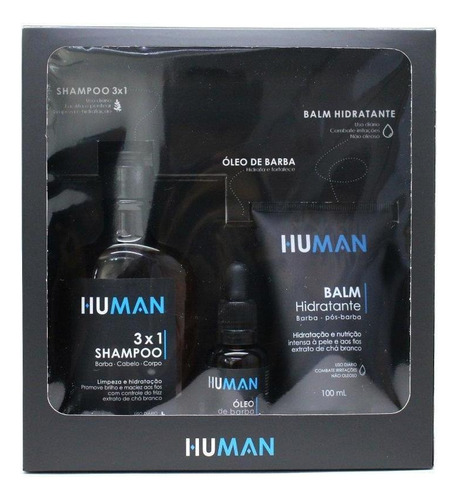 Kit Para Barba Human Shampoo 3 Em 1, Óleo E Balm Hidratação