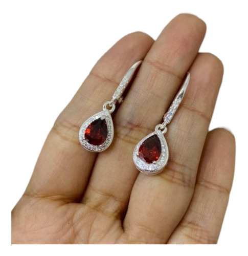 Aros Plata 925 Argolla Gota Cubic Rojo Regalo Mujer 