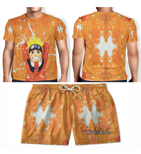 Kit Camiseta + Short Masculino Naruto Shipuden Bermuda Verão