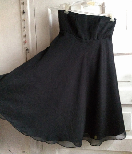 Vestido Strapless Gasa Negra Forrado, Talle 2 Buen Estado