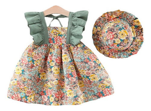 Vestido Abullonado Floral De Verano Para Niñas Con Sombrero